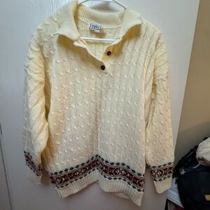 Vintage Cream Cable Knit Sweater with Patterned Hem